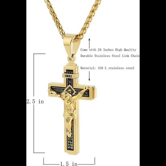 Catholic Jesus Christ on INRI Cross Crucifix Gold Silver  Pendant Necklace 22" - Picture 3 of 5